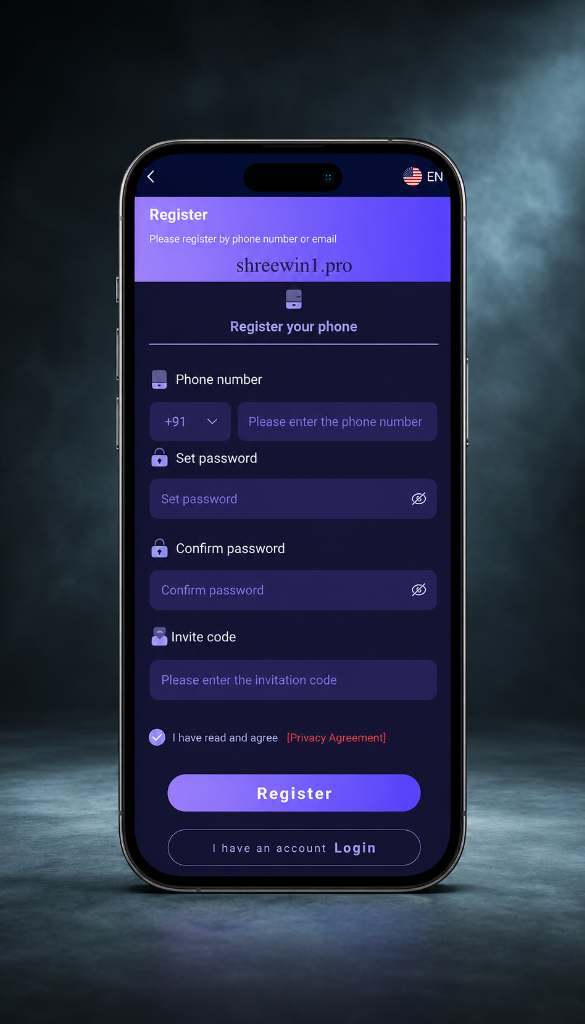 ShreeWin register screen on mobile app